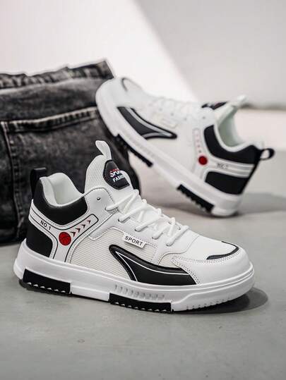 Men's Street Basketball Style High-Top Casual Sneakers, Retro Minimalist PU Mesh Patchwork Shoes For Outdoor, Suitable For Teenagers And Daily Wear, All Seasons