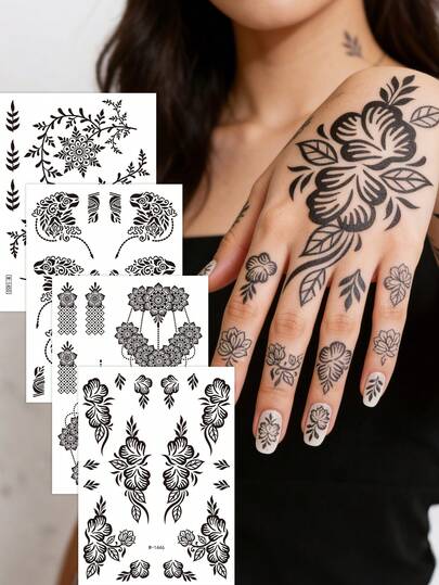4张黑色海娜临时纹身贴纸，防水持久，复古花叶图案，适合女性和女孩，可用于婚礼和日常佩戴，仿真纹身，海娜人体彩绘，黑色海娜纹身，海娜纹身贴纸