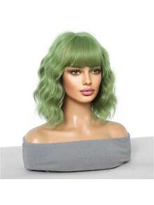 Perruque élégante bouclée courte pour femmes - cheveux synthétiques au look naturel, polyvalente pour toutes les occasions. Perruque bouclée ondulée courte de 12 pouces blanc/rouge clair/rouge/vert clair avec frange. Cheveux synthétiques doux et naturels parfaits pour les débutants et diverses occasions. Fibre résistante à la chaleur pour le cosplay, le style anime, avec un bonnet rose. Idéal pour les fêtes et événements des femmes, accessoire de cheveux anime - Herbe verte - Voir 6