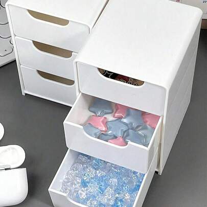 3-In-1 Mini Desktop Organizer, Beige Desktop Cosmetic Organizer, Bathroom Dressing Table Shelf, Mini Three-Tier Stackable Plastic Desktop Organizer With Drawers, Modern Office Supplies, Cosmetic And Jewelry Organizer, Desktop Storage Box, Small Jewelry Organizer, Suitable For Bedroom, Dressing Table, Bathroom, Kitchen, Jewelry Box , Makeup Room Decor, Room Decor