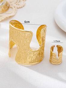 2pcs Fashionable Gold-Plated Geometric Textured Design Adjustable Bracelet And Ring Jewelry Set, Exaggerated Metallic Feel, Elegant Style - Yellow Gold - View 4