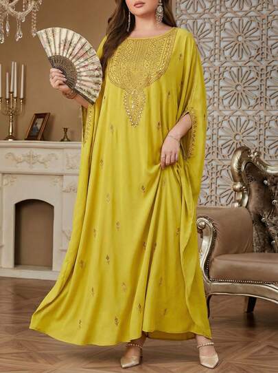 女士纯色圆领刺绣串珠优雅阿拉伯长袍