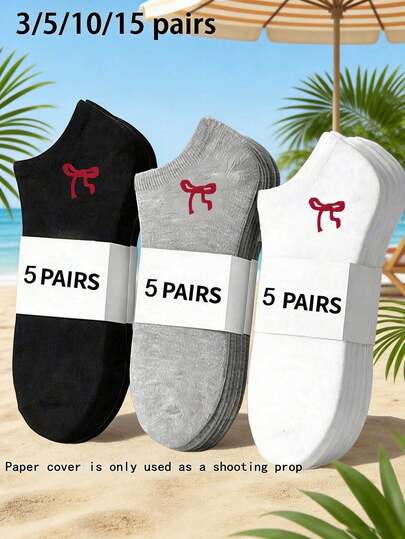 3/5/10/15 双装女士粉色蝴蝶结薄款休闲短袜，黑/白/灰纯色百搭袜，适合夏季、运动、居家穿着