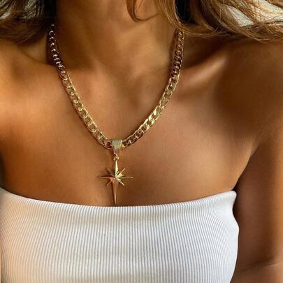 1件街头风金色星芒项链，粗链设计独特奢华吊坠项链