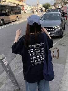 女款休閒寬鬆圓領字母與卡通印花短袖T恤，春夏百搭黑色 - 黑色 - 查看 4