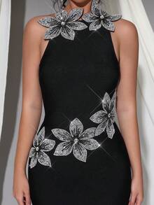 New Round Neck Sexy Sleeveless Heavy Hand-Embroidered Beaded 3D Floral Rhinestone Fitted Long Bandage Dress Party Evening Gown - Black - View 3