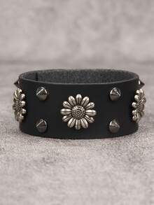 1件极简合金花朵铆钉皮革手链，朋克风格男女通用可调节手镯 - 黑色 - 查看 13