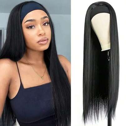 32 Inch Straight Ribbon Wig, Black Heat-Resistant Synthetic Fiber, Women's Headband Wig, Full Machine Wefted Wig