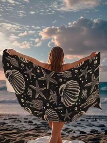 【250克超柔软速干】沙滩巾 | 70*140厘米/90*180厘米可选 | 黑色底，海星珊瑚图案印花 | 高吸水性便携泳巾，浴室装饰，沙滩巾 | 适用于夏季海滩、游泳、旅行、露营、健身 - 彩色 - 查看 4