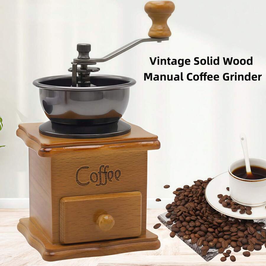 Vintage Solid Wood Manual Coffee Grinder With Extended Handle & Ceramic Burrs - Brown - View 1