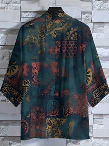 One Men's Retro Totem Patchwork Print Woven Fabric, Thin And Cool, For Self, Summer, Daily Commute, Dark Green, Red And Gold Artistic Men's Three-Quarter Sleeve Open-Front Kimono - 彩色 - 查看 3