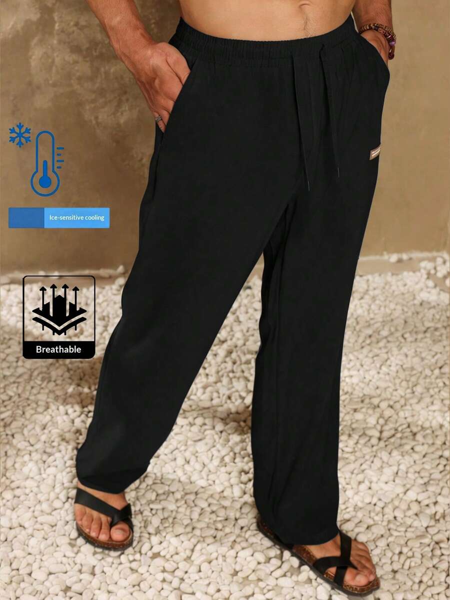 男士直筒冰丝长裤，轻盈透气面料，时尚Logo设计，运动休闲长裤，弹性腰带配抽绳 - 黑色 - 查看 1