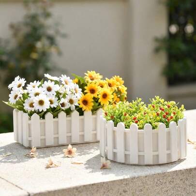 1个白色塑料围栏花盆，耐用塑料材质，适用于花园装饰、蔬菜种植、多肉植物盆景、花盆装饰、室内装饰、婚礼场景、DIY盆景