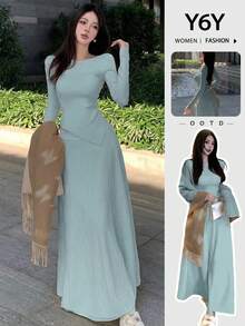 Y6Y 2025新款法式浪漫针织上衣长裙两件套，舒适优雅，适合早春和秋季穿着。 - 霧霾藍 - 查看 12
