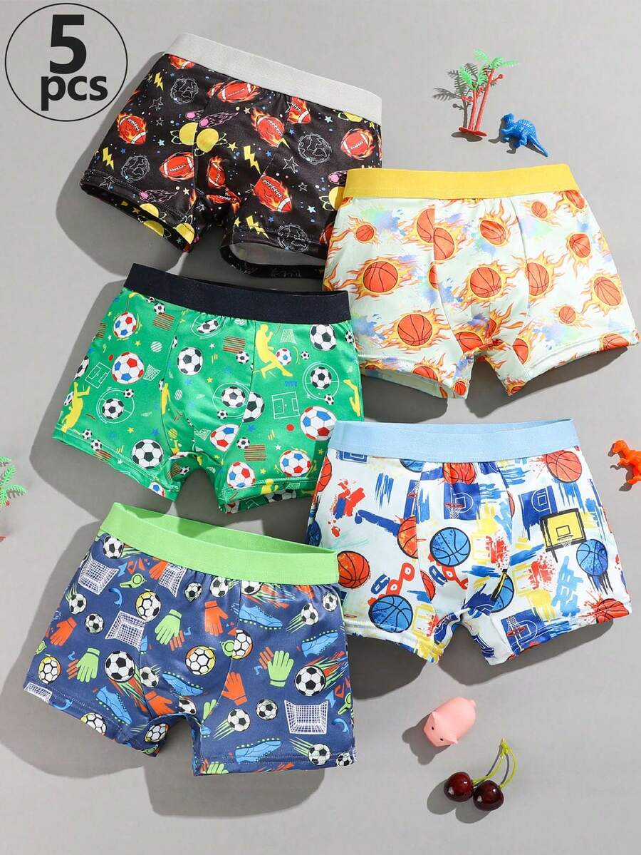 小男孩 5件/包 四角內褲,男孩內褲印有籃球、美式足球、足球圖案 - 彩色 - 查看 1