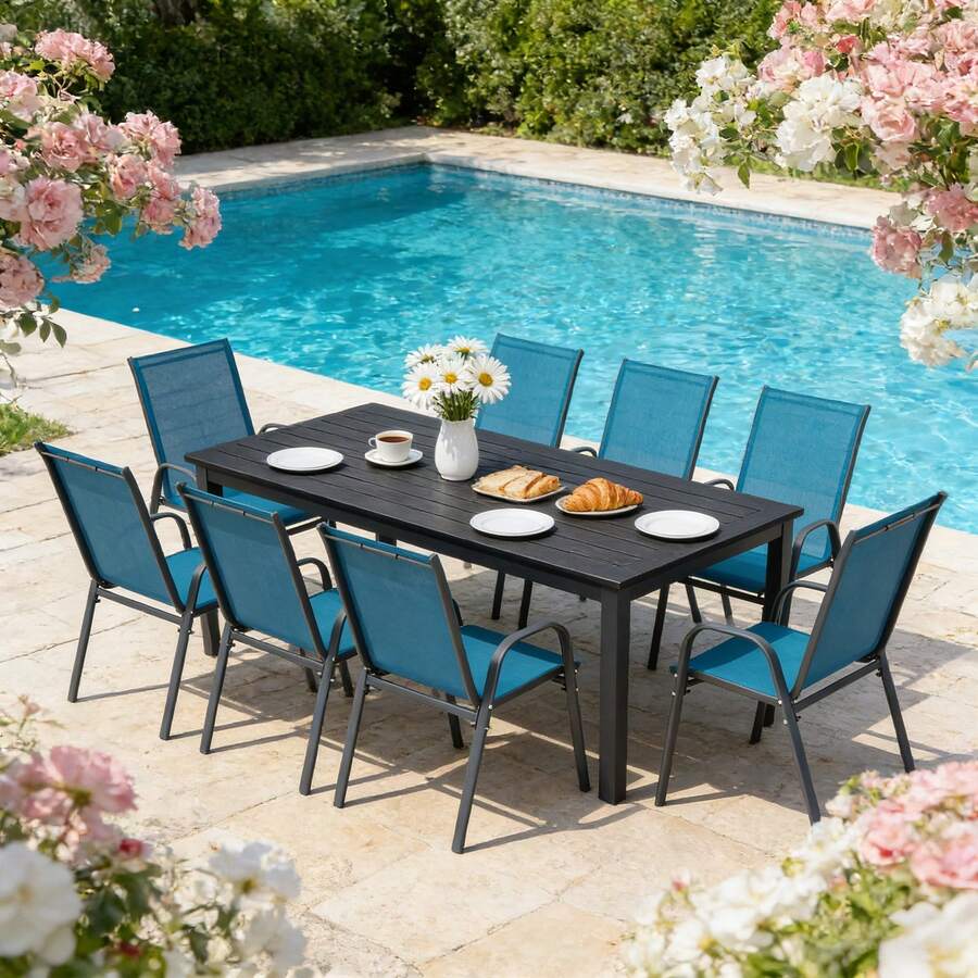 Modern Outdoor Patio Chairs Set Of 8, Outdoor Camping Chairs Feature Breathable Woven Fabric. Outdoor Courtyard Chairs, Dining Chairs And High-Back Armchairs Boast Ergonomic Design. Lightweight And Portable With Stackable Construction. Sturdy Metal Frame Ensures Durability. Suitable For Outdoor Patios, Gardens, Pools, Beaches, Balconies, And Camping.(Blue) - 藍色 - 查看 1