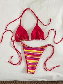 2023 Summer Vacation Beach Leopard Print Sexy Halter Tie Bikini Set - Red Stripes - View 3