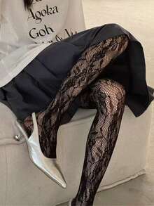 New Retro Floral Vine Pantyhose With Flower Pattern Hollowed Out Lace Mesh Socks - Black - View 8