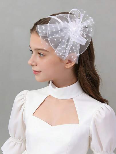 1件白色波点网纱发带，适合女孩佩戴，花朵装饰，精致发箍，优雅发带，婚礼派对节日派对发饰，少女青少年发饰