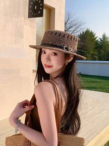 1件女款波希米亞時尚鏤空鉤編聚酯纖維草帽，英式風格腰帶扣設計，透氣度假遮陽帽，適合日常戶外使用（帽圍約22.4英吋/57公分） - 彩色 - 查看 13