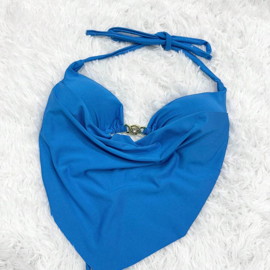 Heart-Shaped Halter Neck Cropped Top With Tie Closure And Open Back, With Padded Cups. - Azul - Ver 1