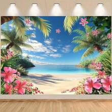 1件熱帶夏威夷海灘背景布，印有棕櫚樹與花卉圖案，適合海洋主題派對與攝影，適用於生日、婚禮、夏季派對、居家裝飾與背景佈置 - 多色 - 查看 1