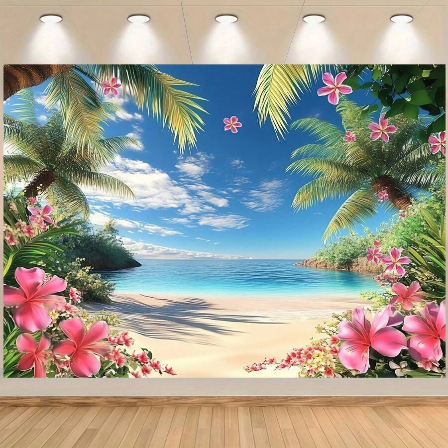 1件熱帶夏威夷海灘背景布，印有棕櫚樹與花卉圖案，適合海洋主題派對與攝影，適用於生日、婚禮、夏季派對、居家裝飾與背景佈置 - 多色 - 查看 1