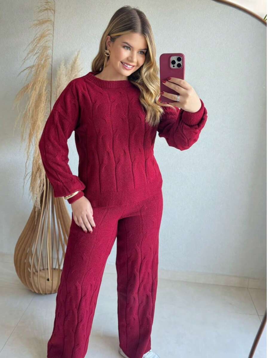 WOMEN'S WINTER MOUSSE KNITTING SET WITH PANTS AND BRAIDED BLOUSE - 紅色 - 查看 1