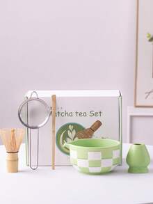 Juego de té matcha de 5 piezas con patrón de tablero de ajedrez, incluye tazón de matcha, soporte para batidor de matcha, cuchara de matcha, batidor de matcha, juego de herramientas de preparación de matcha, caja de regalo con estilo japonés, ideal para amantes del matcha, madres, novias, Acción de Gracias, Navidad - Multicolor - Ver 10