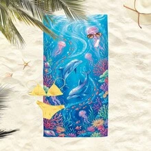 1pc Underwater World Dolphin & Jellyfish Beach Towel, Super Soft Microfiber Extra Large Beach Blanket, Super Absorbent Bath Towel, Suitable For Travel, Swimming Pool, Diving, Surfing, Yoga, Camping, Available In Multiple Sizes, Beach Accessories - A - View 7