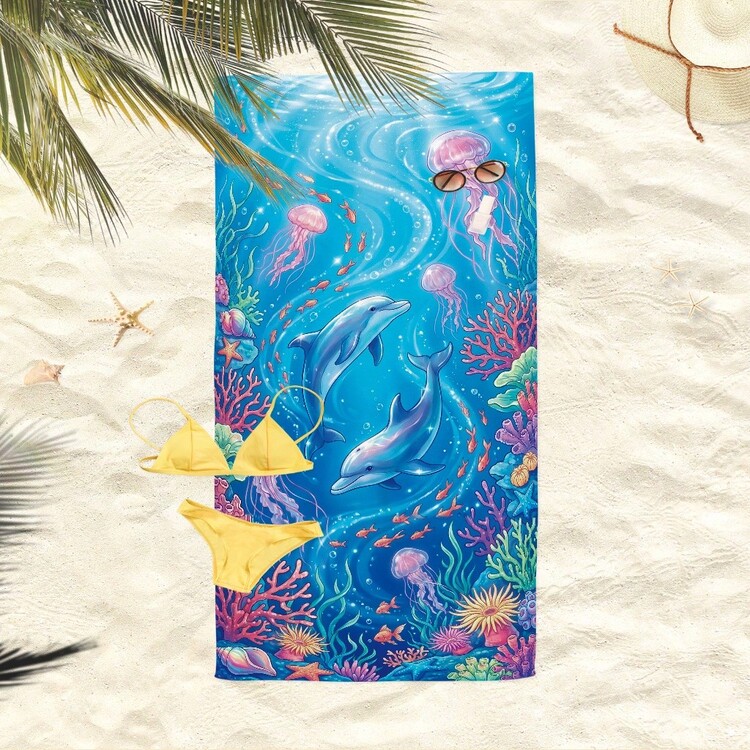 1条海底世界海豚水母图案沙滩巾，超柔软超细纤维特大号沙滩毯，超强吸水浴巾，适合旅行、游泳池、潜水、冲浪、瑜伽、露营等场合，多种尺寸可选，沙滩配件 - A - 查看 7