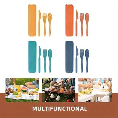 Bộ dao nĩa 4 món di động, dao, nĩa và thìa xách tay kèm hộp, dụng cụ du lịch tái sử dụng, bộ dao nĩa cắm trại ngoài trời, đồ dùng dã ngoại, dao nĩa di động, dao nĩa tiện dụng và thiết thực, phụ kiện hộp cơm trưa, có thể tái sử dụng, bền và dễ vệ sinh, thích hợp sử dụng hàng ngày, đi làm, đi học, dã ngoại, cắm trại, du lịch và hoạt động ngoài trời - Phụ kiện dao nĩa, bộ dao nĩa ngoài trời