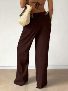 Pantalones anchos de lino sueltos, cómodos y versátiles para mujer, ideales para primavera - Marrón - Ver 7