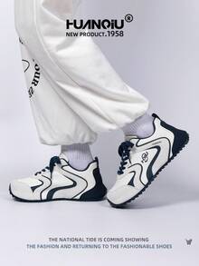 HUANQIU 2026新款男鞋，男士运动鞋，厚底休闲鞋，时尚多功能轻便舒适系带厚底运动鞋，软底休闲鞋，跑步鞋，米色和蓝色四季鞋 - 藍白色 - 查看 6