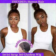 ZHENDEFA 巧克力棕色隐形绑带360°无胶蕾丝前假发，直发，预先拔毛，200密度，高清透明蕾丝前假发，带抽绳360°蕾丝假发 - S4 - 查看 4