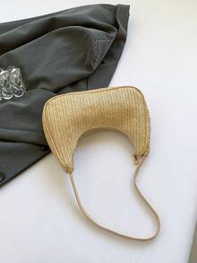 Neue Mode Handtasche für Frühling/Sommer, Stroh-Schultertasche, Strandtasche für den Urlaub, lässige Halbmond-Tasche mit Perlenkette, modische einfarbige geschwungene Halbmond-Unterarmtasche, elegante Damentasche - Khaki - Übersicht 9
