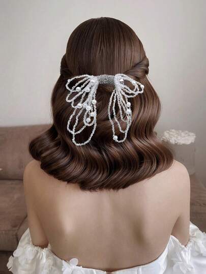 1pc White Crystal Pearl Bow Hair Clip, Elegant Rhinestone Decor Multi-Layer Tassel Alligator Hair Clip, Suitable For Bride, Wedding, Celebration, Party, Gift, Casual Wear