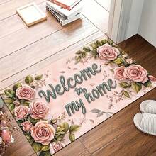 1pc Rose Flower "Welcome Home" Letter Print Carpet, Polyester Anti-Slip Dirt-Resistant Soft Mat, Indoor/Outdoor Entryway Doormat, Quick-Dry Kitchen Bathroom Floor Rug - Pink - View 9