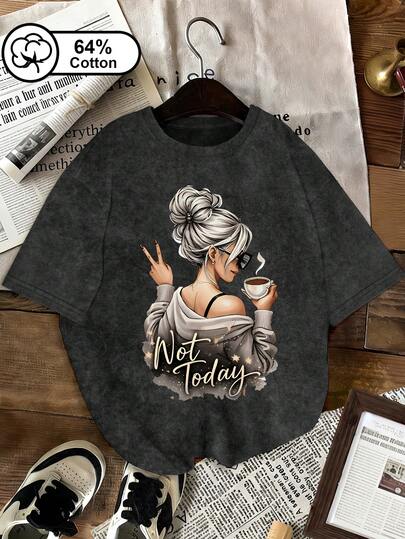 Mother's Day Women Casual Daily T-Shirt "Not Today" English Letter & Retro Bun Girl Graphic Print Plus Size Short Sleeve Tee, Suitable For Outdoor Wear, Women Tops, Summer Clothing