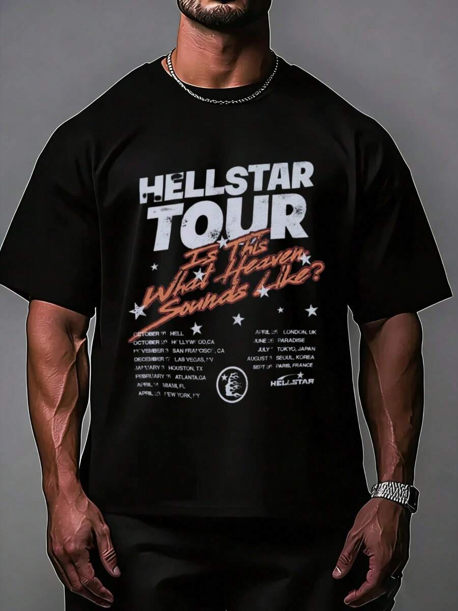 Hellstars Tour What Is Heaven Sounds Like Y2K Graphic T-Shirt,220g 100% Cotton,Round Neck Short Sleeve,Black Streetwear Essential For Summer Going Out,Unisex Style - 黑色 - 查看 1