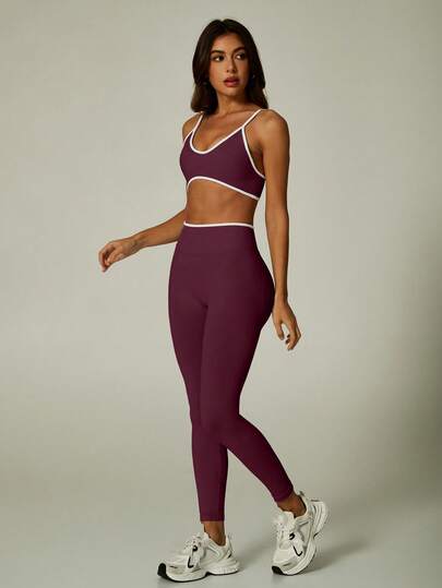 UONNOU Women's Contrast Trim Seamless Sports Bra & Butt Lifting High Waist Leggings 2 Pieces Workout Set For Yoga Gym Spring Summer