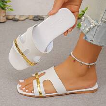 Women's Elegant Square Toe Metal Bar Flat Slide Sandals, Versatile Summer New Casual Beach Slippers - White - View 8