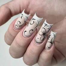 Upgrade Your Look, 24pcs Full Coverage Matte White French Manicure Fake Nails With Black Line Floral Pattern, Minimalist, Fashionable, Retro, Elegant, Romantic Style Press-On Nails - Black and White - View 9