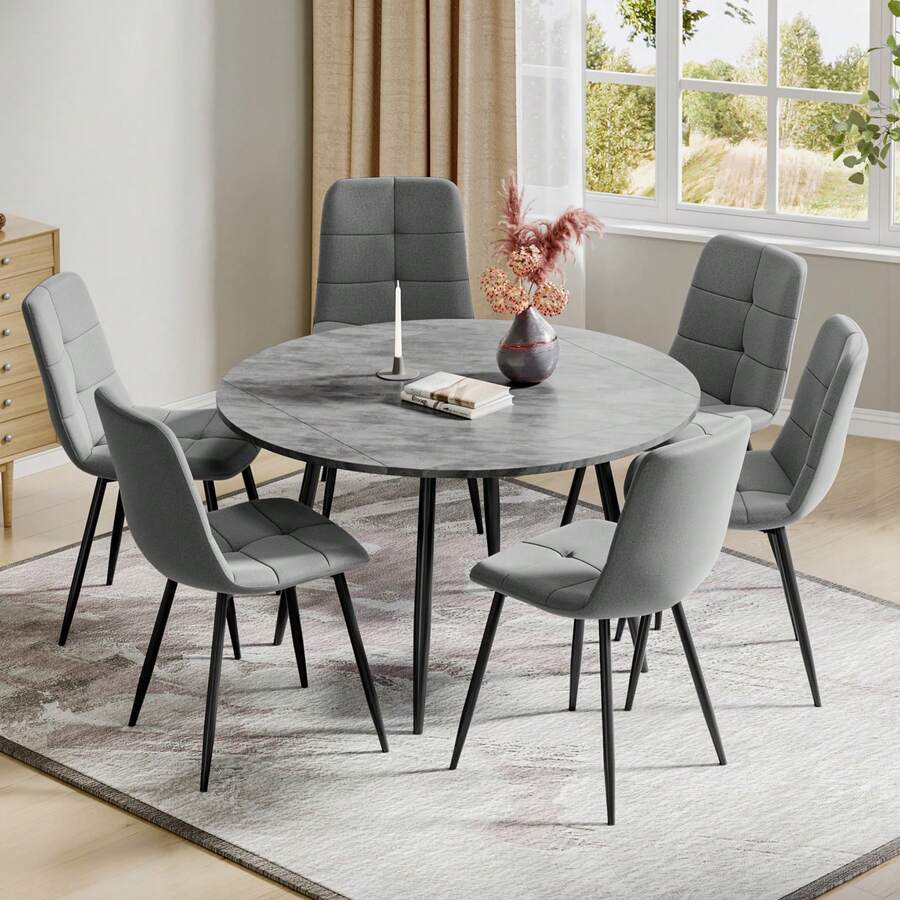 Dining Table And Chairs Set Of 4, Extendable Round Table Concrete Effect Folding Table With Upholstered Linen Chairs For Dining Room, Kitchen - Cement Gray Table + Linen Gray Chair - View 1