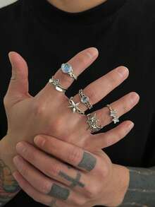 Bộ 6 chiếc nhẫn hình ngôi sao năm cánh rỗng, đính đá acrylic, phong cách rockstar punk thanh lịch, giản dị tối giản, đường phố, thích hợp cho đám cưới, tiệc tùng, quà tặng thời trang đôi cho nam giới. - nhẫn - Xem 2