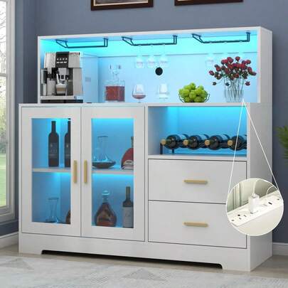 Mueble para bar de vinos con luz LED, clóset de café con estante para vino y soporte para vidrio, aparador de cocina con estante de almacenamiento, clóset de licor no empotrado para sala de estar, comedor,negro,blanco,gabinete de Licor para Sala de Estar