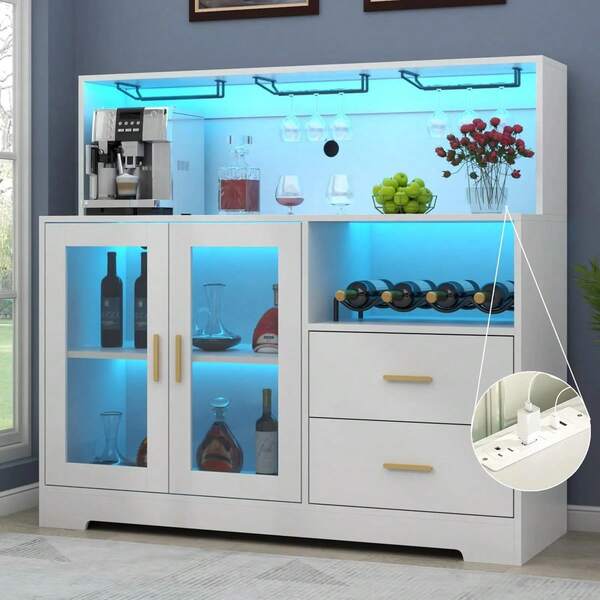 Mueble para bar de vinos con luz LED, clóset de café con estante para vino y soporte para vidrio, aparador de cocina con estante de almacenamiento, clóset de licor no empotrado para sala de estar, comedor,negro,blanco,gabinete de Licor para Sala de Estar