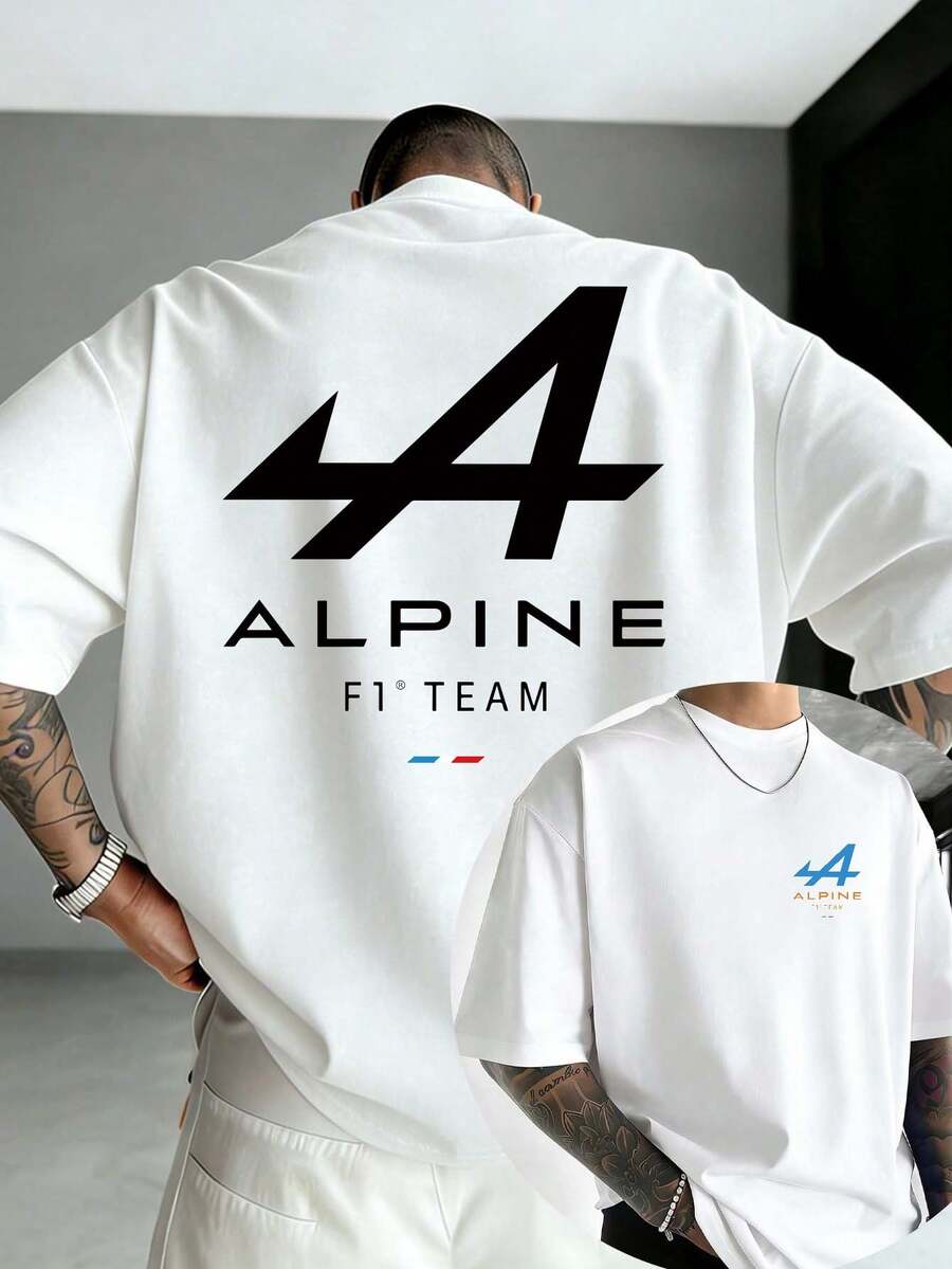 A Men's F1 Alpine Team T-Shirt, Double-Sided Printed Men's T-Shirt, Stylish, Soft, With A Round Neck, Made From 200g Pure Cotton Material, A Popular Summer T-Shirt Suitable For Everyday Wear For Motorsport Enthusiasts, Unisex And Great For Couples To Wear Together. - 白色 - 查看 1
