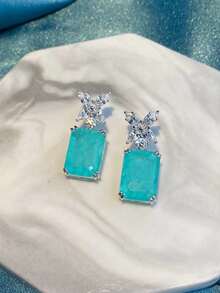 Luxury Super Shiny Butterfly Paraiba Four-Claw Rectangular Green Earrings, Hypoallergenic Earrings For Women, Suitable For Daily Wear And Commute, Jewelry Gift - White - View 4