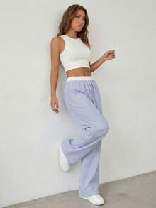 女士浅蓝色亚麻抽绳阔腿裤 | 休闲高腰裤 - 藍色 - 查看 6